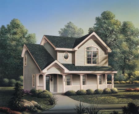 House plan exterior: two-story home with wraparound porch, arched upper window, and decorative gable vents.