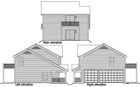 House plan: rear, left, and right elevations of a two-story house with a double garage and balcony.