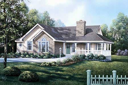 House plan exterior: Brick ranch with a gabled dormer, white wrap-around porch with railing, and prominent chimney.