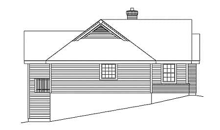 House plan elevation drawing of a one-story house with horizontal siding, gabled roof, dormer, and two windows.
