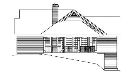 House plan exterior drawing with a covered front porch, gabled rooflines, chimney, and attached garage.