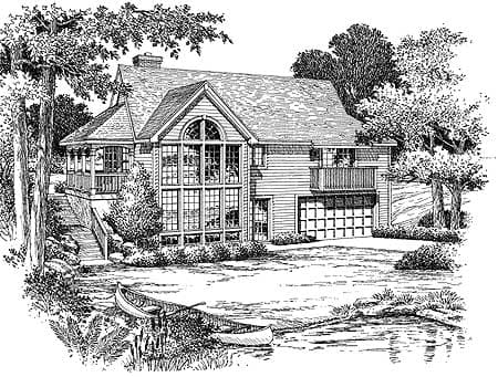 House plan exterior: Two-story home with a wraparound porch, large multi-pane window wall, and an attached garage with balcony above.
