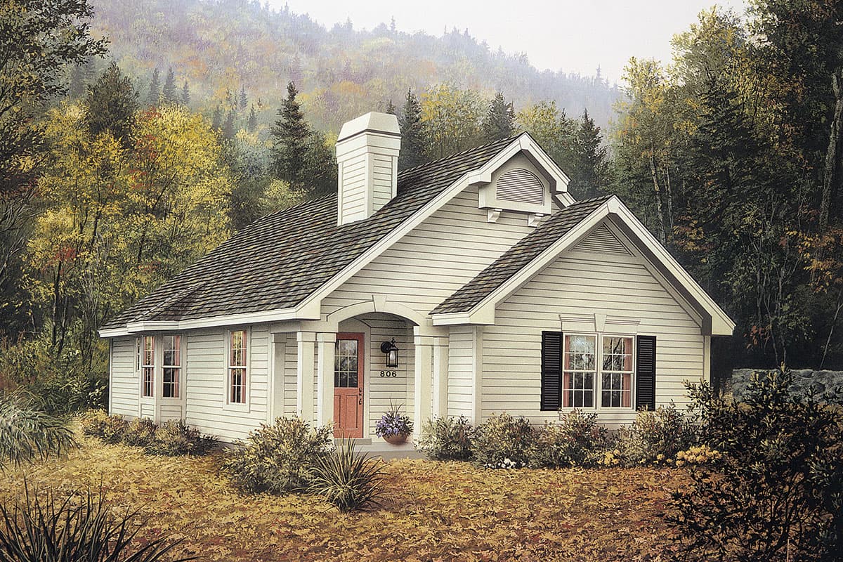 House plan exterior: Gable roof, central chimney, arched entry with columns, dormer window, and vinyl siding.