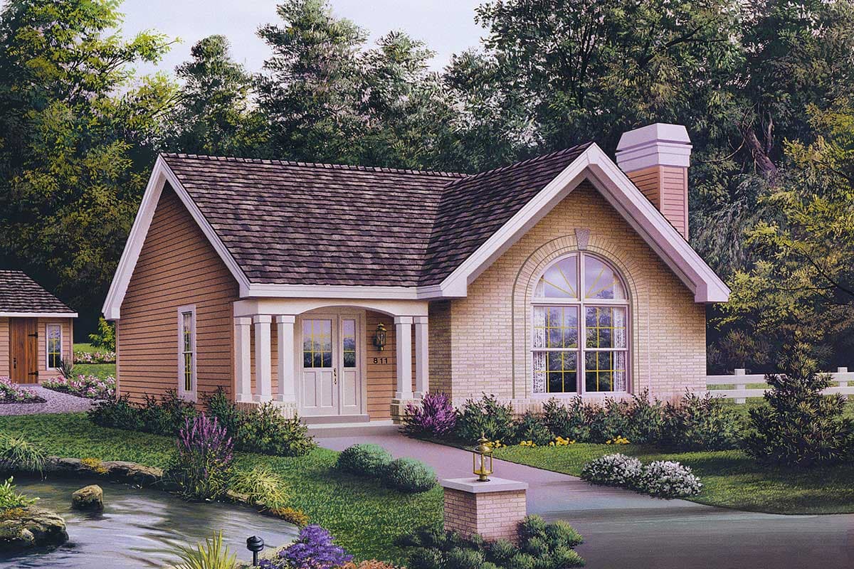 House plan exterior of a one-story home with a covered front porch, brick accents, and a large arched window.