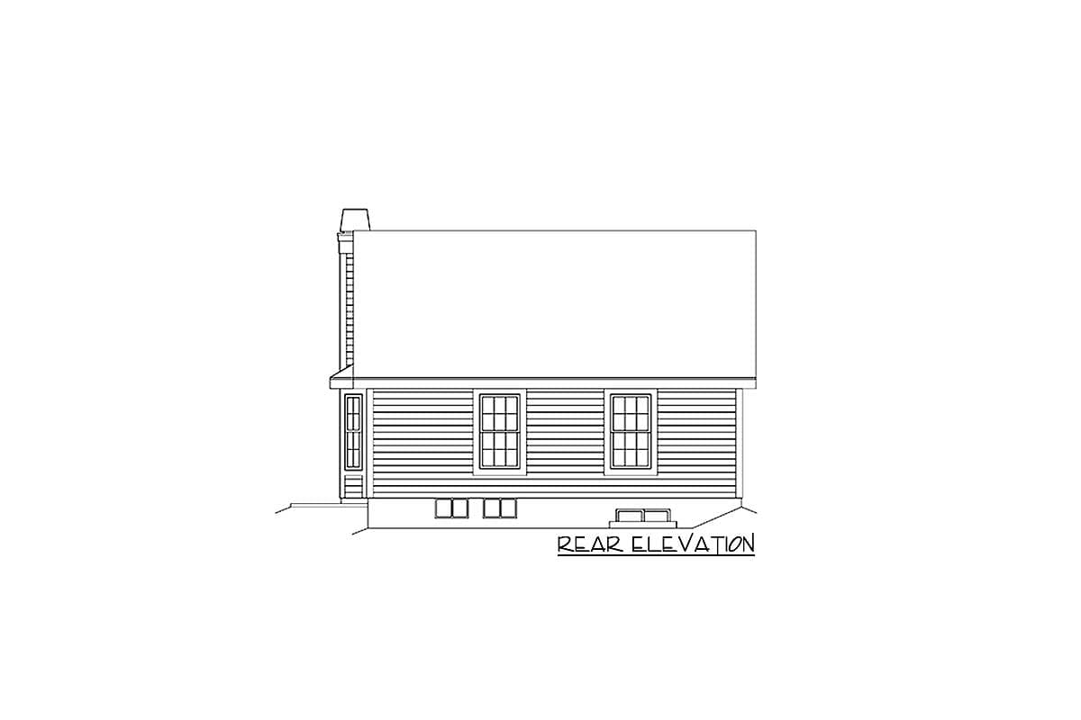 Rear elevation drawing of a house plan, showing horizontal siding, a chimney, and two windows.