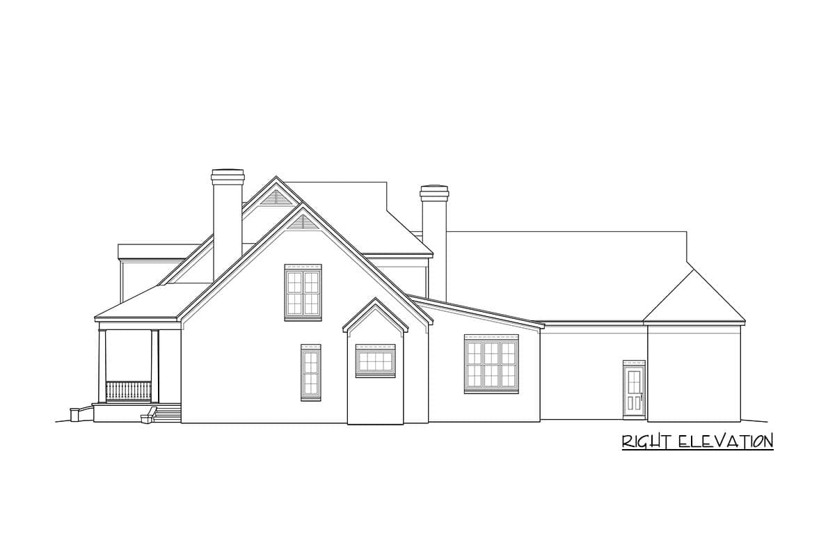 Right elevation drawing of a house plan showing gabled rooflines, chimneys, a covered porch, and various window styles.