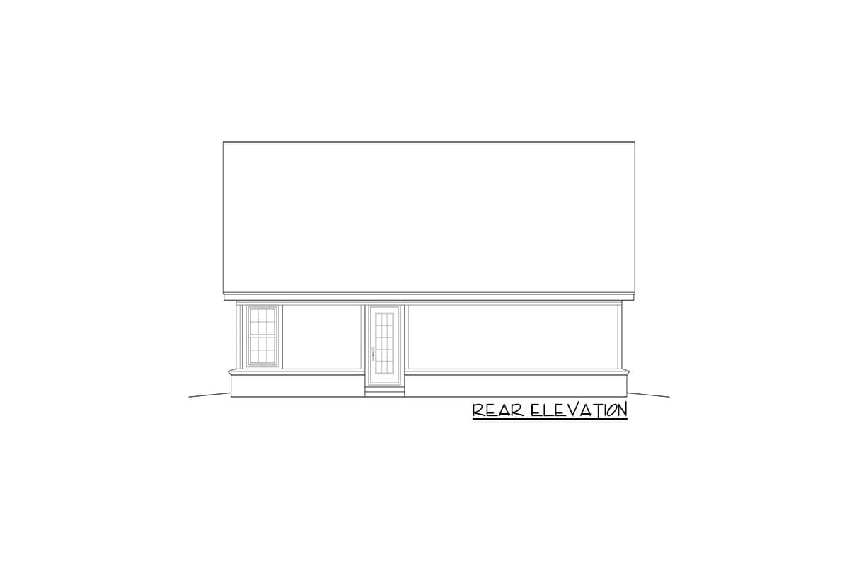 Rear elevation drawing of house plan featuring a window and a door on a covered porch with a simple roofline.