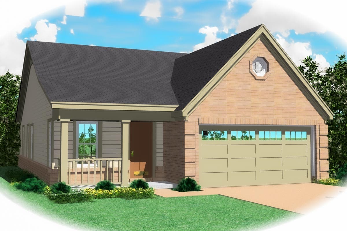 House plan exterior. One-story house with a gabled roof, front porch, and an attached garage. Features include a brick facade and an octagonal window.