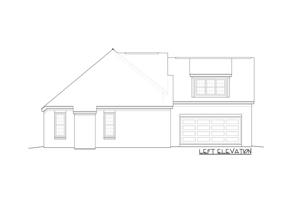 Left elevation house plan shows a one-story structure with a pitched roof, two windows, and an attached garage.