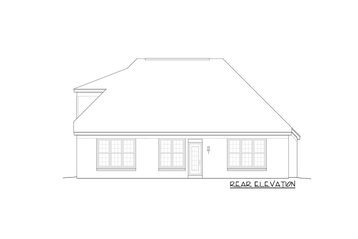 Rear elevation drawing of a house with a hip roof, dormer, and multiple windows.