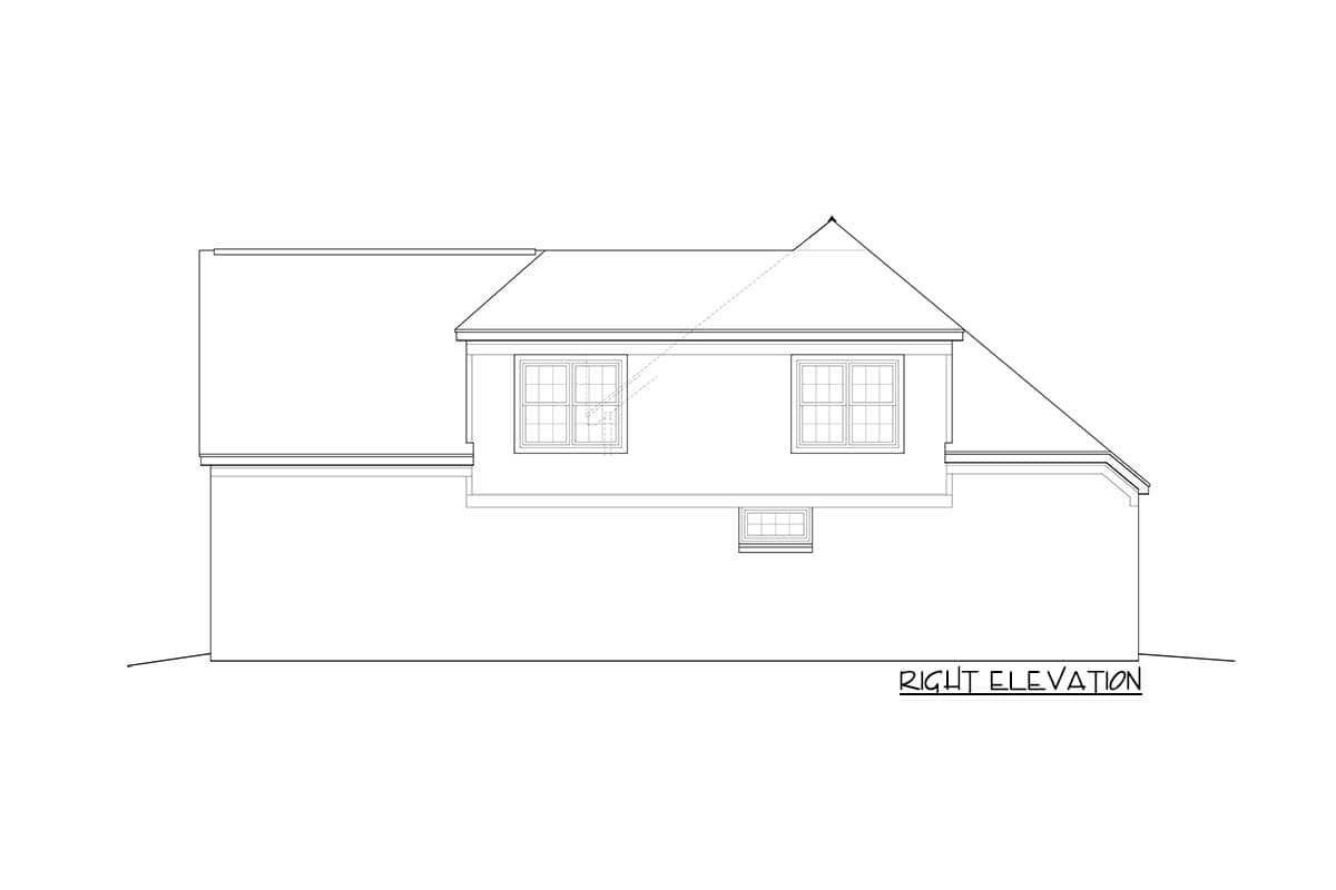 Architectural house plan: Right elevation drawing showing rooflines, multiple windows, and a gable dormer.