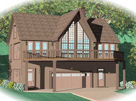 House plan exterior: two-story home with wraparound deck, prominent gables, and multi-pane windows.