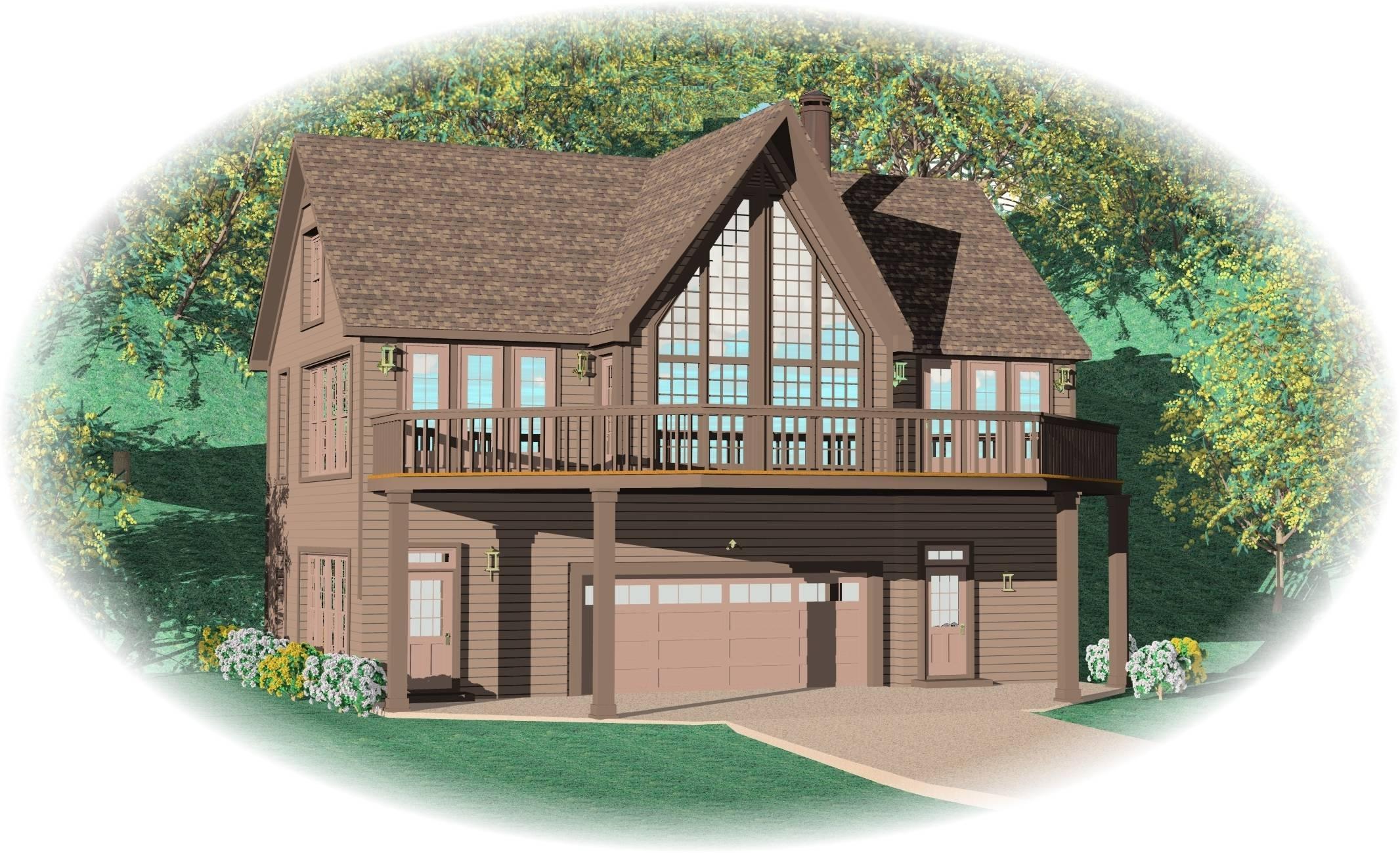 House plan exterior: Two-story home with a prominent gabled front, wraparound deck, and a drive-under garage.