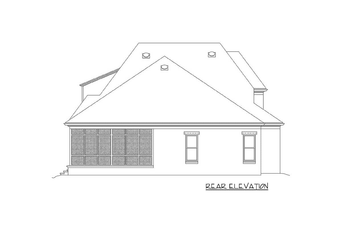 Rear elevation of a house plan showing a screened porch, multiple dormers, and a hipped roofline.