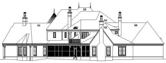 House plan elevation drawing showing a multi-story home with gables, chimneys, a screened porch, and a balcony.