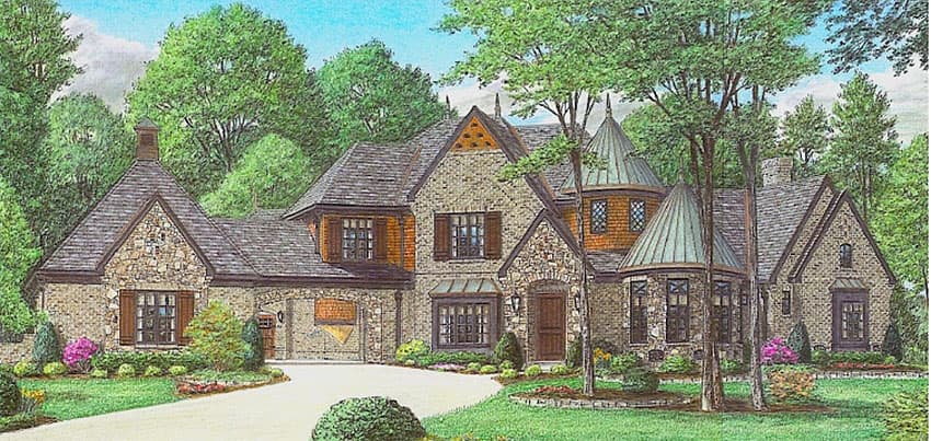 House plan exterior with stone facade, multiple gables, turrets, and a detached garage.