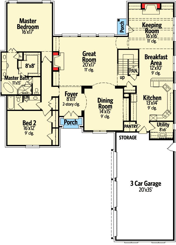Plan 58469SV: 4 Bed Home Plan With 2 Fireplaces - Floor Plan - Main Level - European, Traditional