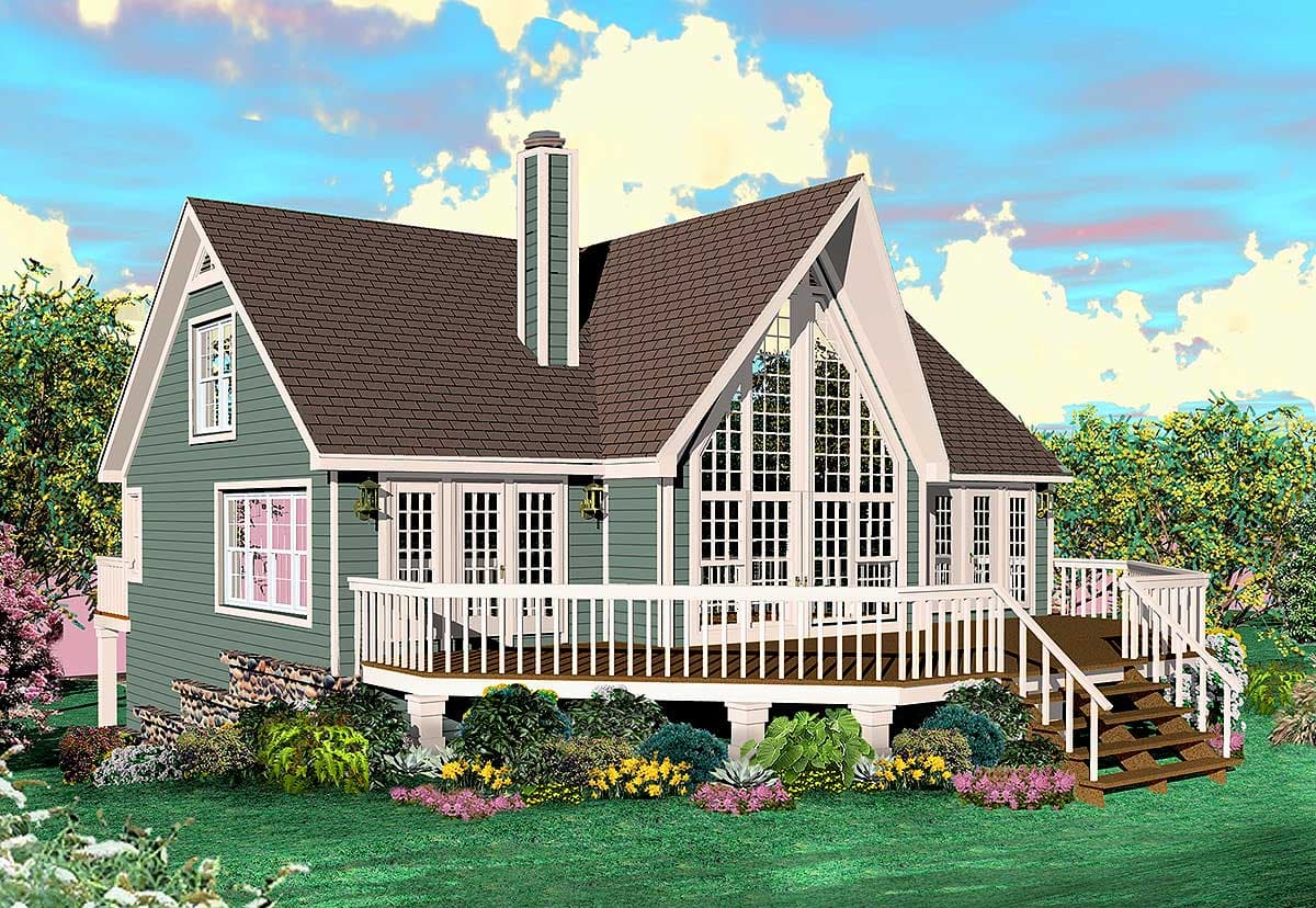 House plan exterior showing a two-story home with a wraparound deck, prominent gables, and a large, multi-pane window wall.