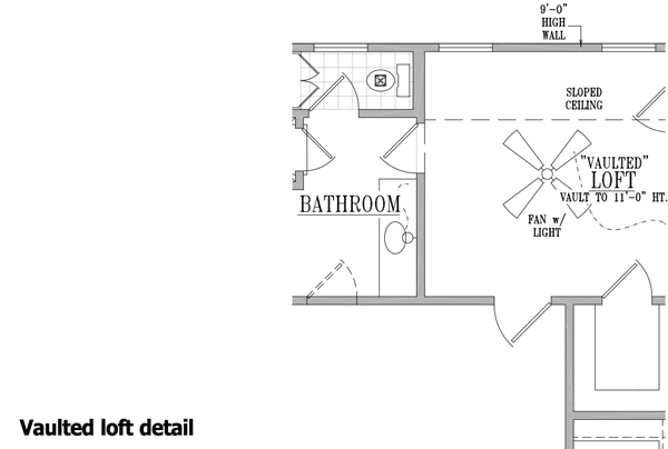 Floor plan detail showing bathroom and a vaulted loft with sloped ceiling and fan with light.