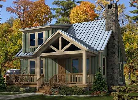 House plan exterior: two-story Craftsman style with metal roof, prominent stone chimney, and covered front porch with exposed rafter tails.