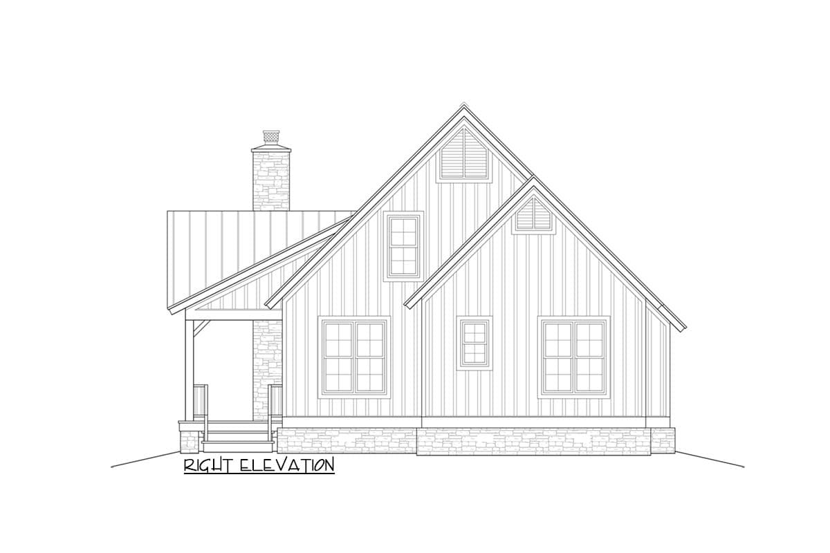 House plan right elevation drawing with metal roof, stone chimney, gabled dormers, and covered porch with stone base.