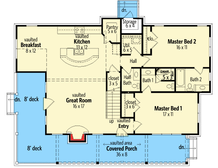 Plan 58551SV: Cabin House Plan with Three Master Bedrooms - 1532 Sq Ft - Floor Plan - Main Level - Cabin, Cottage, Country, Mountain, Rustic, Vacation