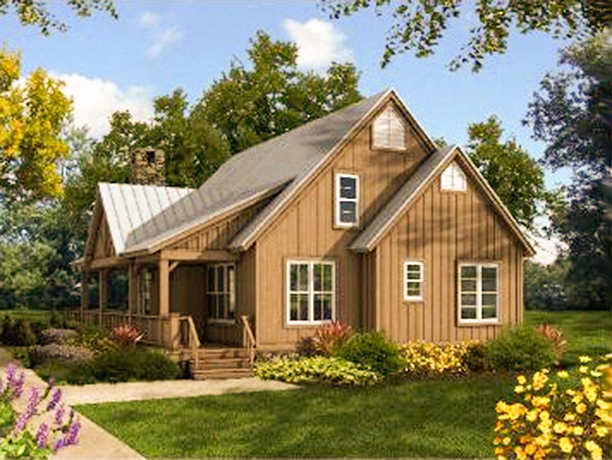 Cottage house plan exterior with a gabled front porch, stone chimney, and board and batten siding.