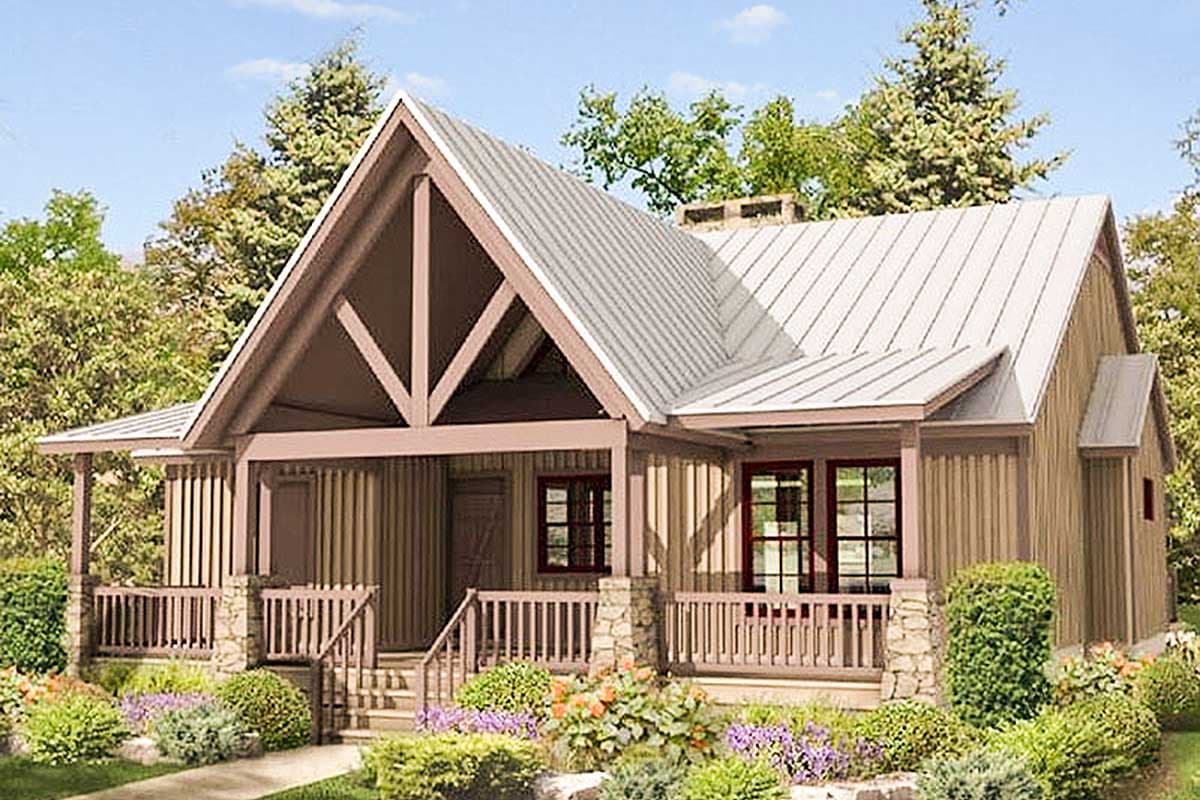 House plan exterior: One-story cabin with large gable, exposed beams, wraparound porch with stone supports, and metal roof.