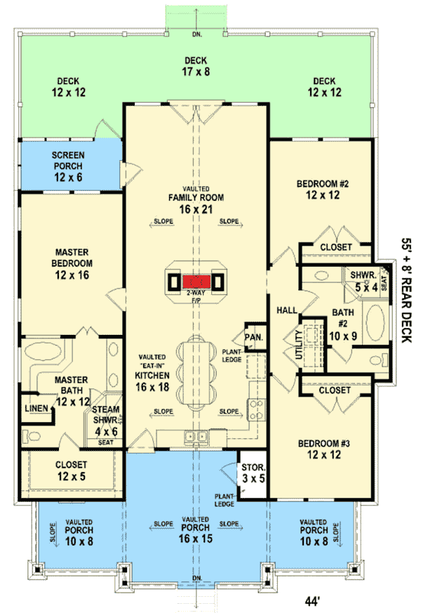 Plan 58552SV: Country Cabin with Vaulted Front Porch and 2-Sided Interior Fireplace - 1600 Sq Ft - Floor Plan - Main Level - Cabin, Country, Mountain, Northwest, Rustic