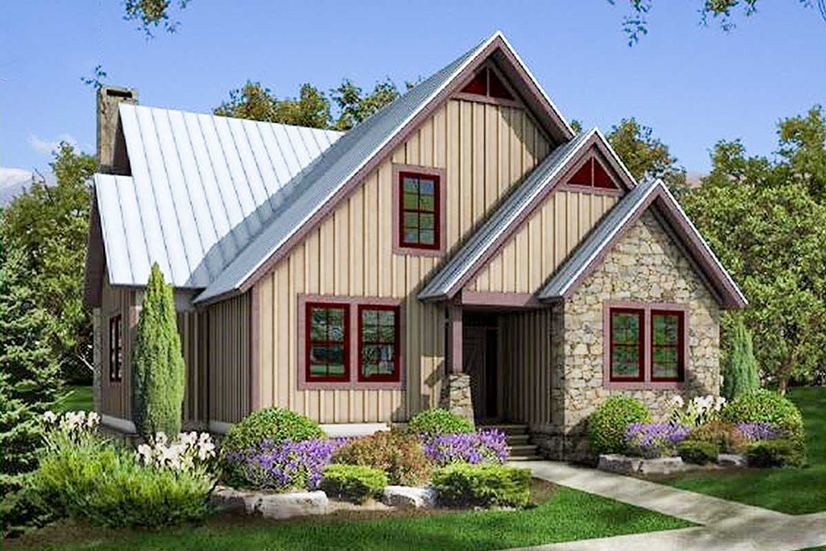 Modern Farmhouse house plan exterior with stone accents, metal roof, gabled dormers, and covered entry.