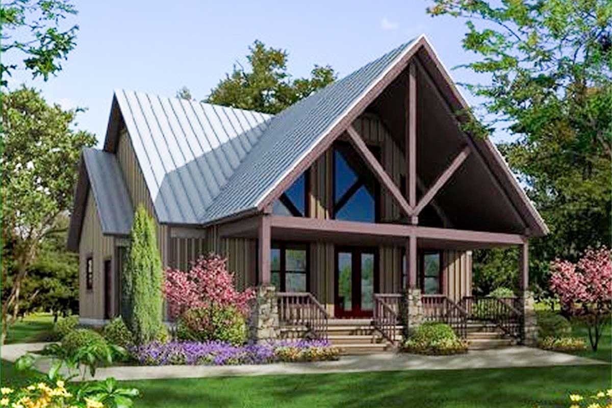 House plan exterior of a two-story home with a prominent A-frame roof, covered porch, and large gable windows.