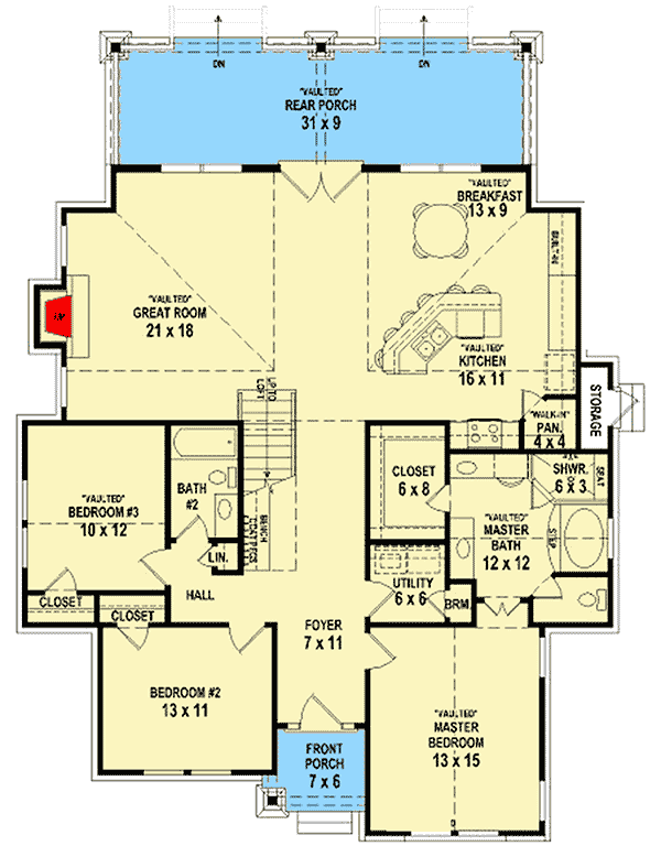 Plan 58554SV: Comfortable Cottage - Floor Plan - Main Level - Cottage, Mountain, Rustic, Vacation