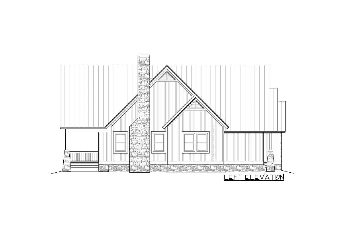 Left elevation house plan showing a two-story home with a metal roof, stone chimney, and covered front porch.