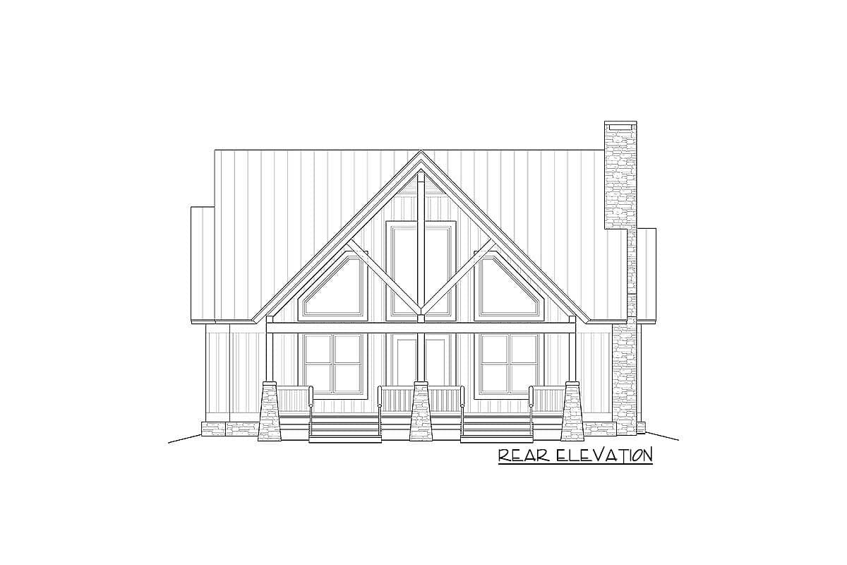Rear elevation drawing of a house plan featuring a prominent gable, stone chimney, and covered porch.