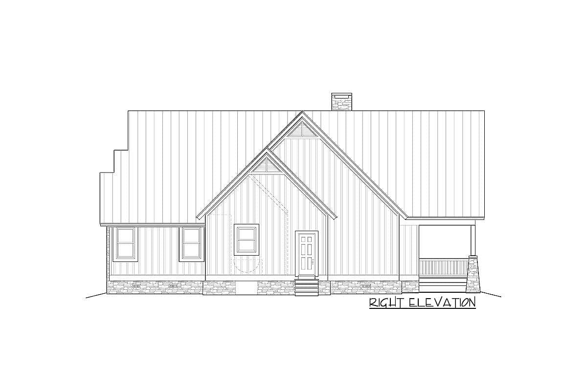 Right elevation house plan with gable roof, metal siding, stone base, dormers, and covered porch.