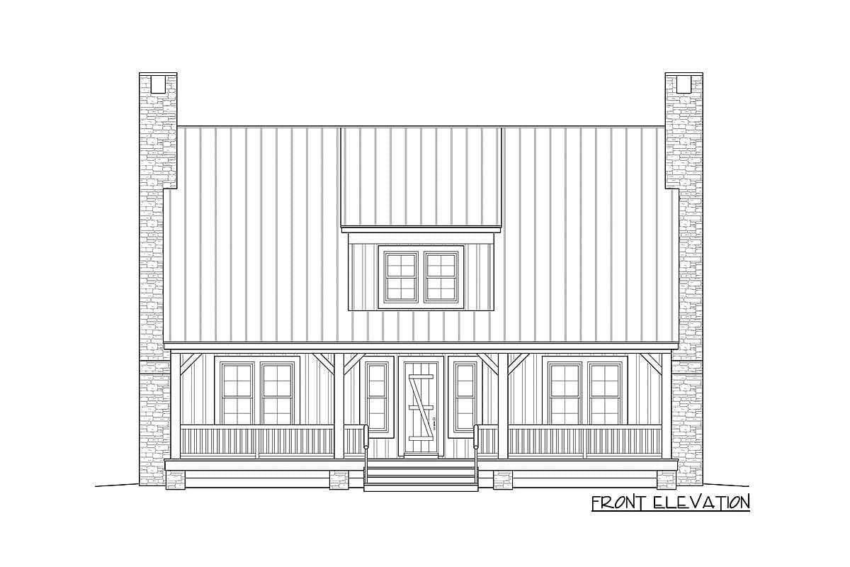 Front elevation drawing of a house plan featuring a wraparound porch, metal roof, dormer, and stone chimneys.