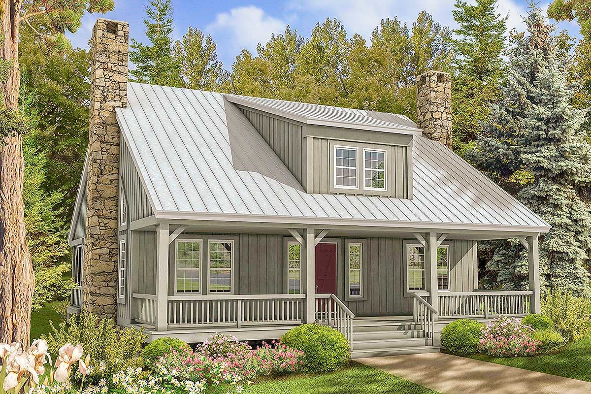 House plan exterior. Two-story Craftsman style home with stone chimneys, a gabled roof, and a covered porch with railing.