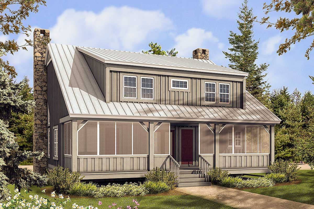 House plan exterior: Two-story dwelling with gambrel roof, screened porch, stone chimney, and vertical siding.