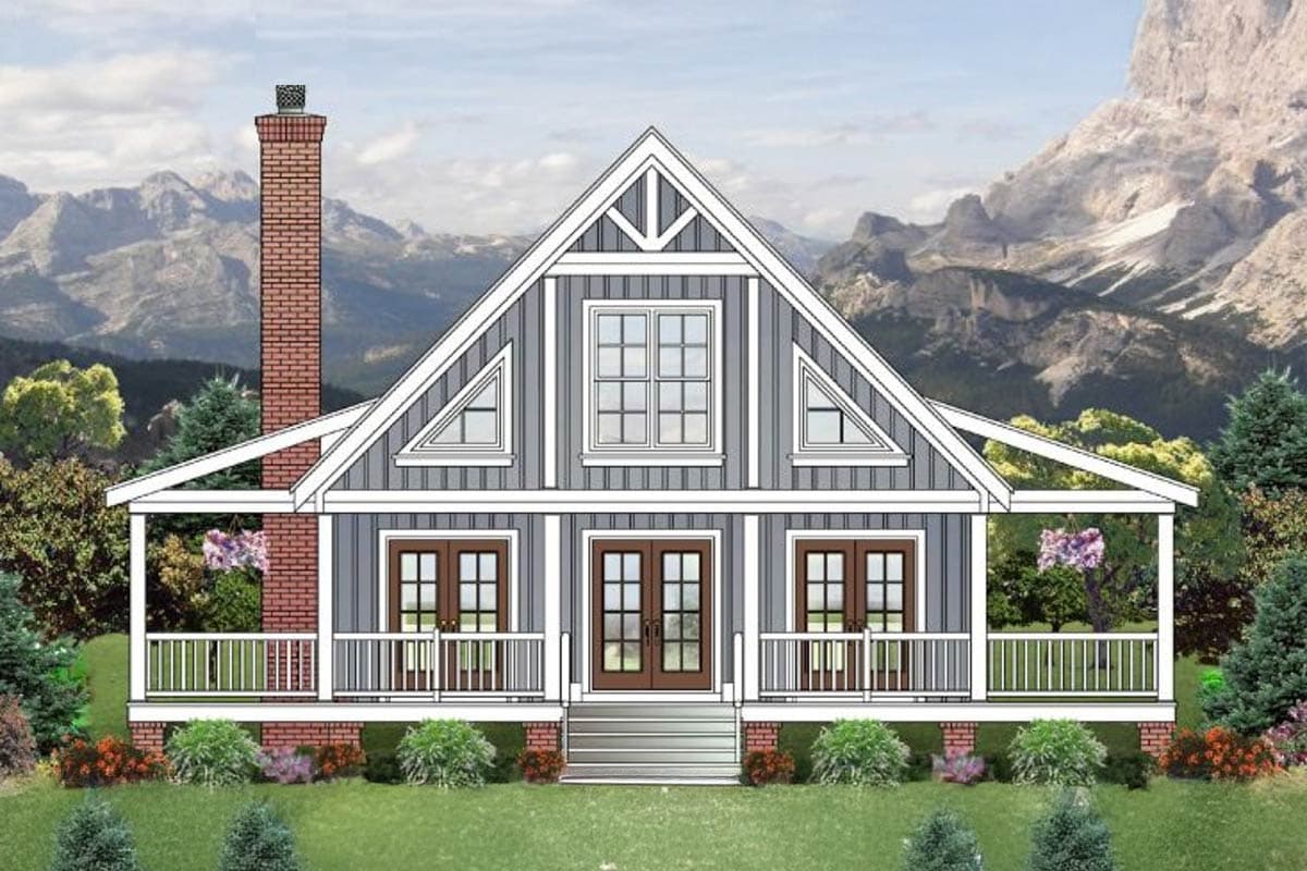 House plan exterior: Modern Farmhouse style, one story, large central gable, full-width porch, brick chimney.