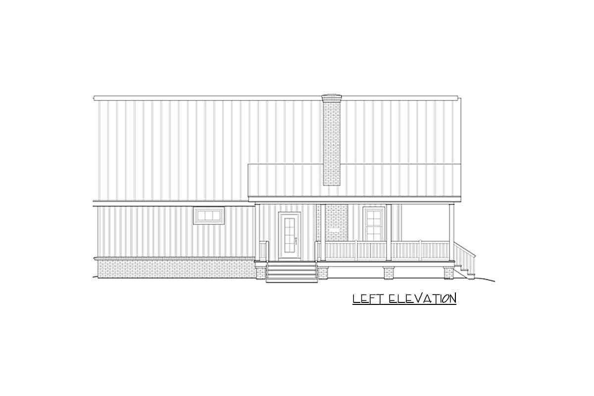 Left elevation drawing of a house with a metal roof, brick foundation, porch, and chimney.