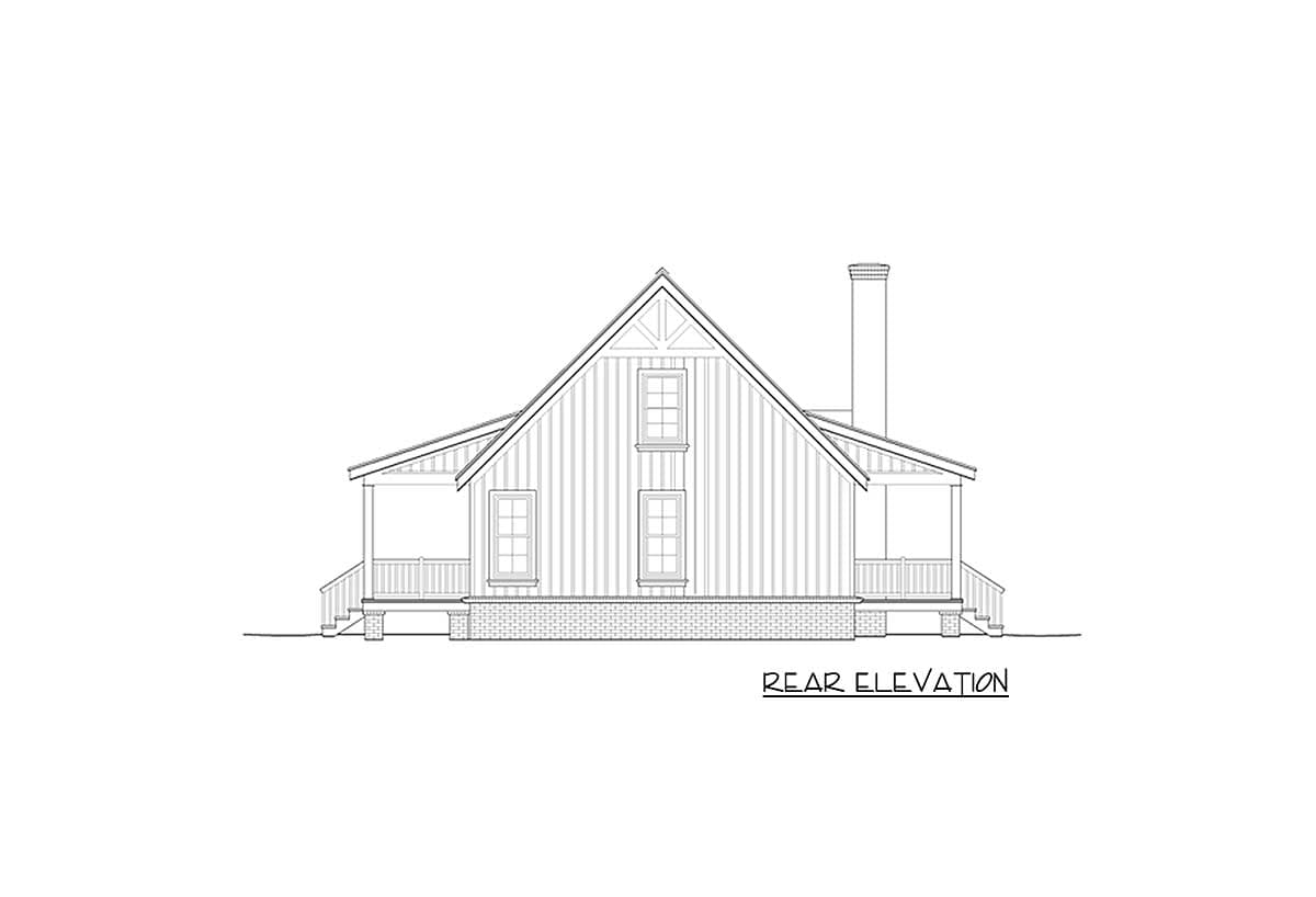 Rear elevation drawing of a house plan with a prominent gable, two porches, and a chimney.