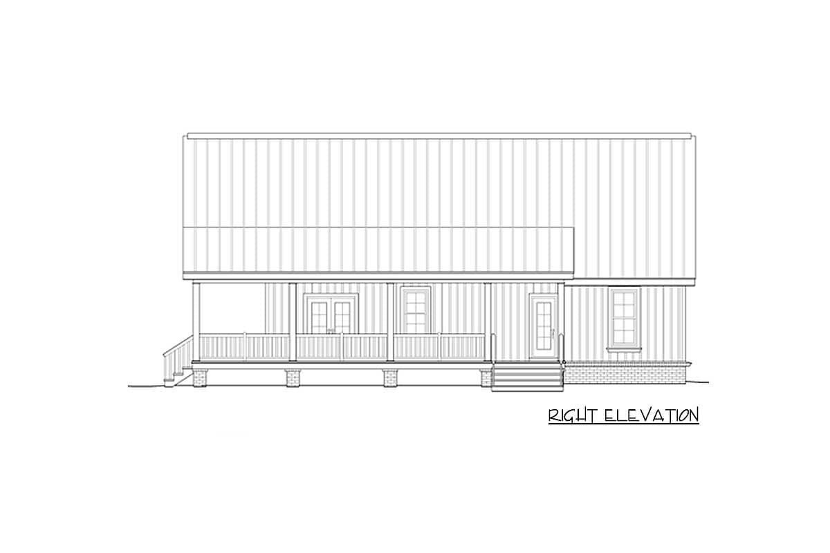 Right elevation drawing of a house plan featuring a wrap-around porch, double doors, and several windows.