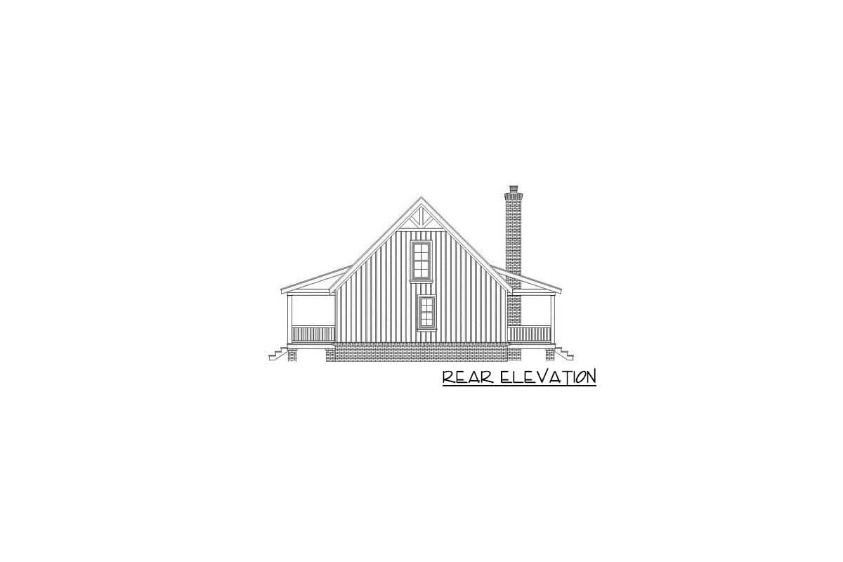 Rear elevation drawing of a house with a prominent gable, dormer, side porch, and chimney.