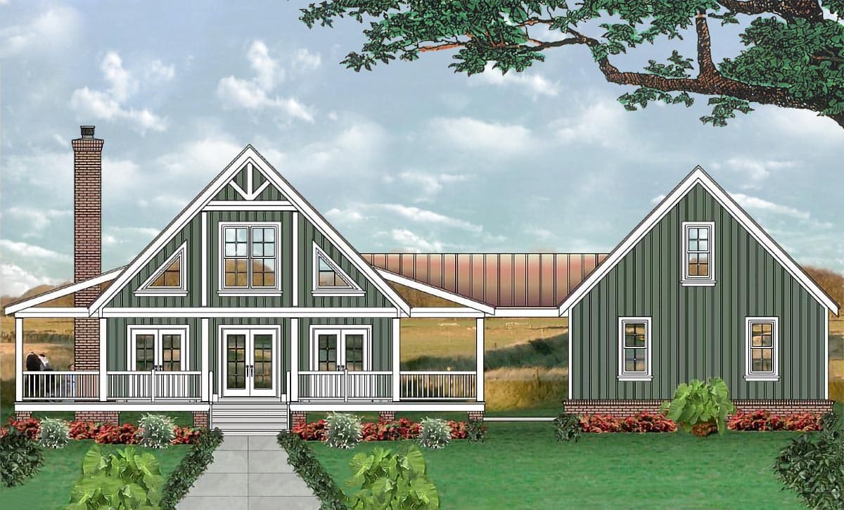 House plan exterior: Modern Farmhouse style with wrap-around porch, prominent gable with dormers, and brick chimney.