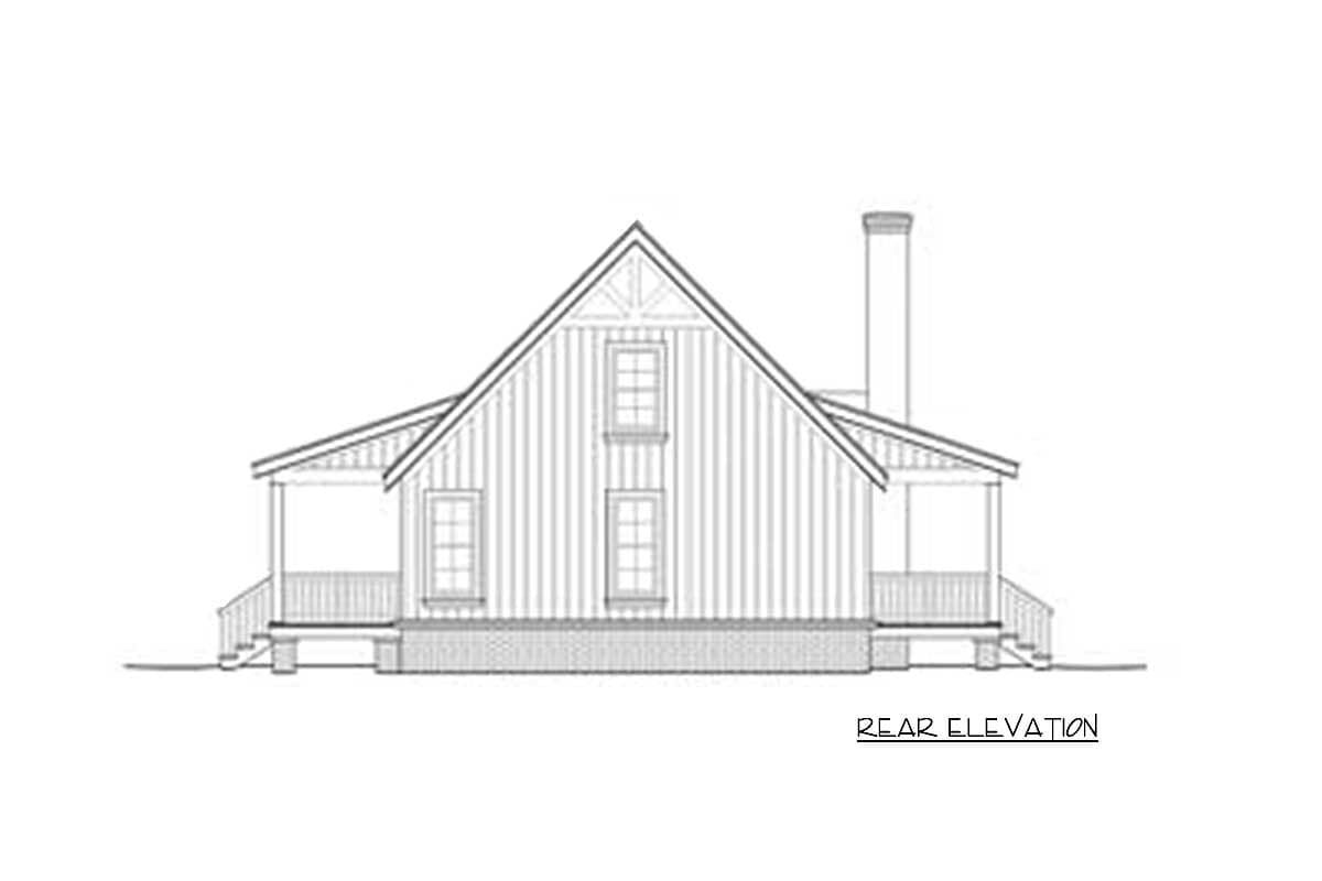 Rear elevation house plan shows a one-story home with a prominent gable, wrap-around porch, and chimney.