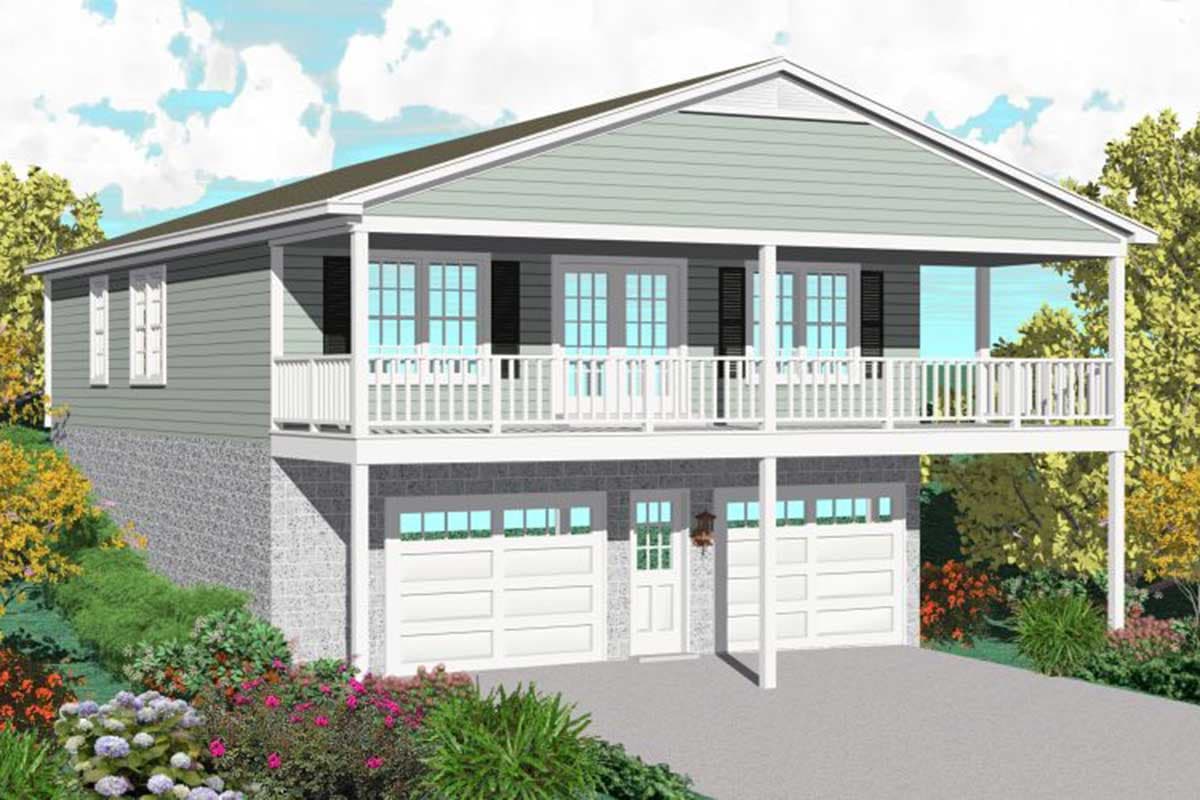 House plan exterior: two-story design with a full-width second-story porch, double garage doors, and front entrance.
