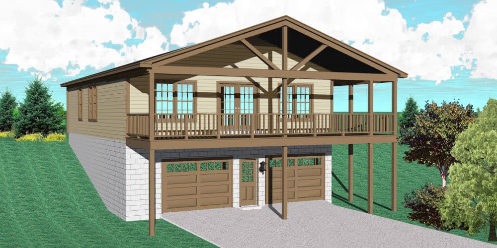 House plan exterior: two-story design with main level living above a two-car garage and a covered deck.