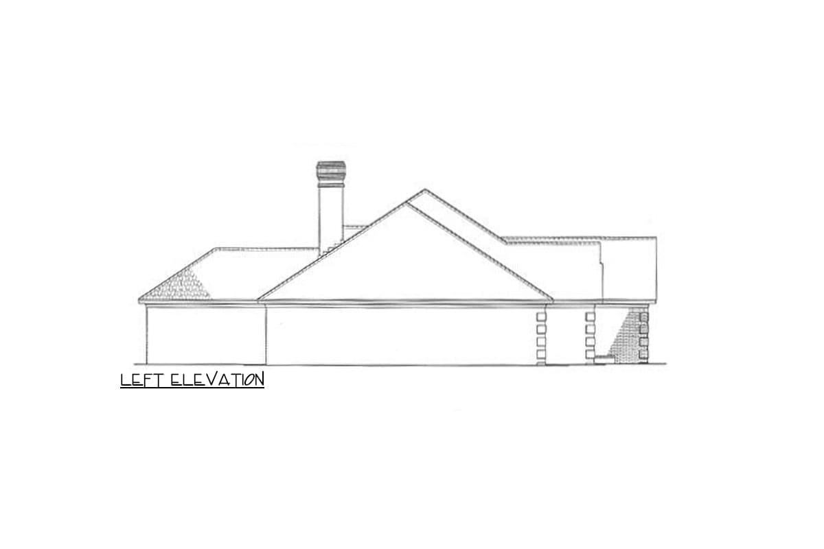 Left elevation house plan drawing showing a pitched roofline, chimney, and patterned wall section.