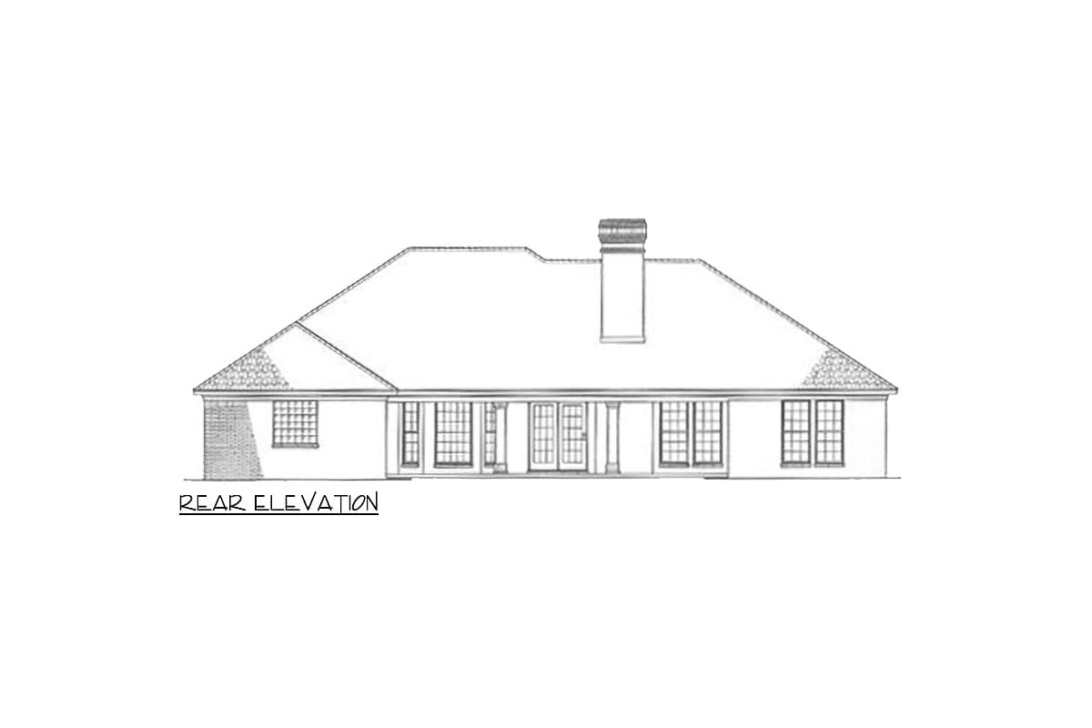Rear elevation drawing of a house with a wide porch, double doors, and multiple windows.
