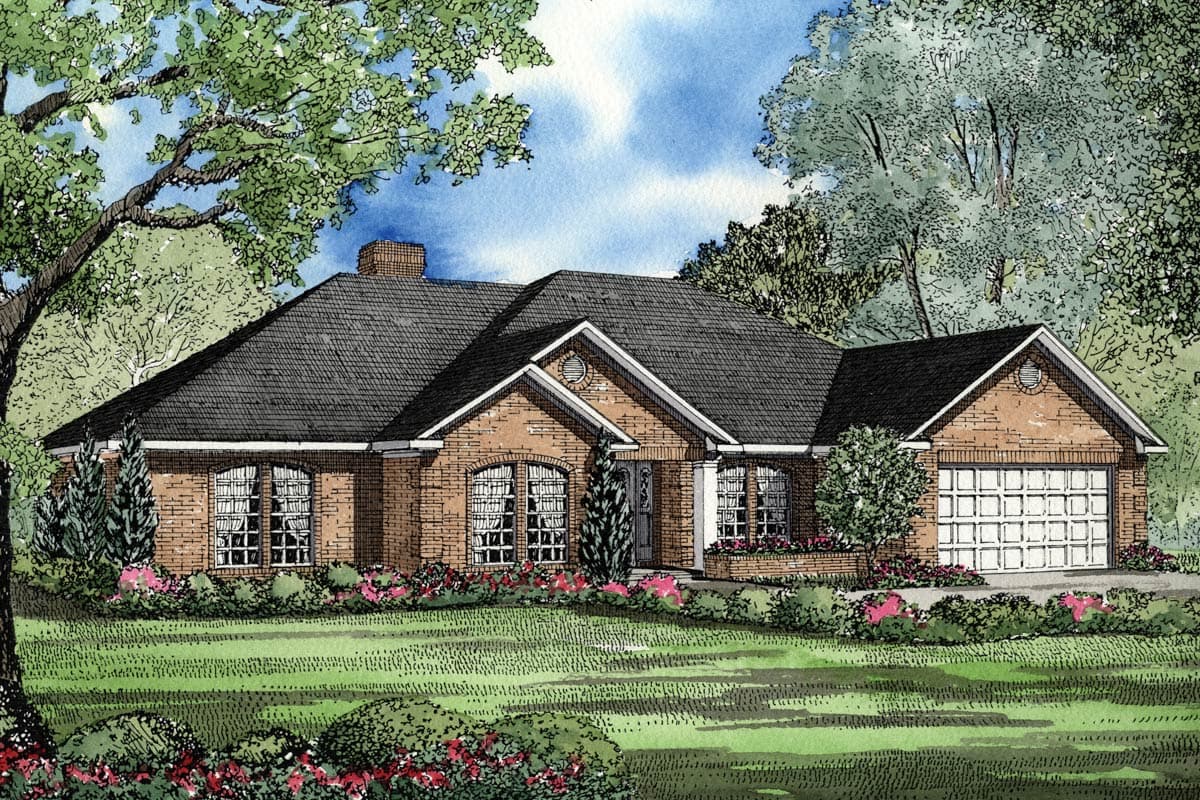 Ranch house plan exterior with brick facade, arched windows, gabled dormer, and attached two-car garage.